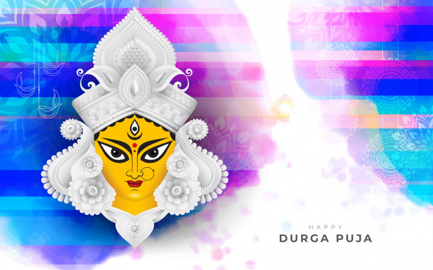 Durga Puja Festival Greeting Background Template with Goddess Durga Face Illustration