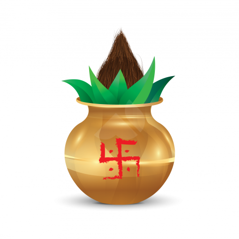Gold Metal Mangal Kalash Illustration with Mango Leaf and Coconut
