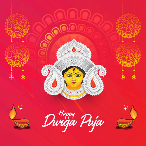 Durga Puja Festival Greeting Background Template with Goddess Durga Face Illustration
