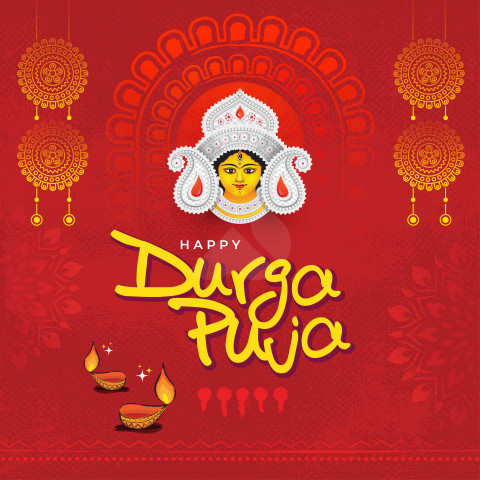 Durga Puja Festival Greeting Background Template with Goddess Durga Face Illustration