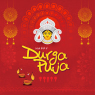 Durga Puja Festival Greeting Background Template with Goddess Durga Face Illustration