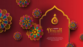 Happy Diwali Greeting Design Template with Creative Floral Ornaments